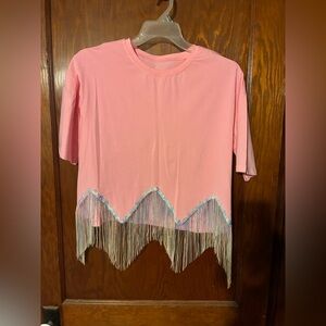 Pink Sparkle Fringe Hem T-Shirt